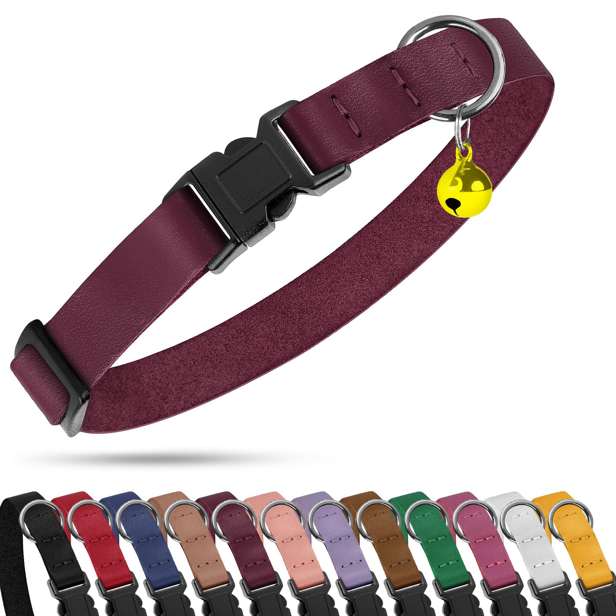 Budkas breakaway cat collar leather burgundy on cat neck for safe outdoor wear