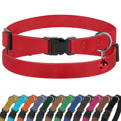 BUDKAS Breakaway Cat Collar Leather Red with Removable Bell for reliable indoor visibility.