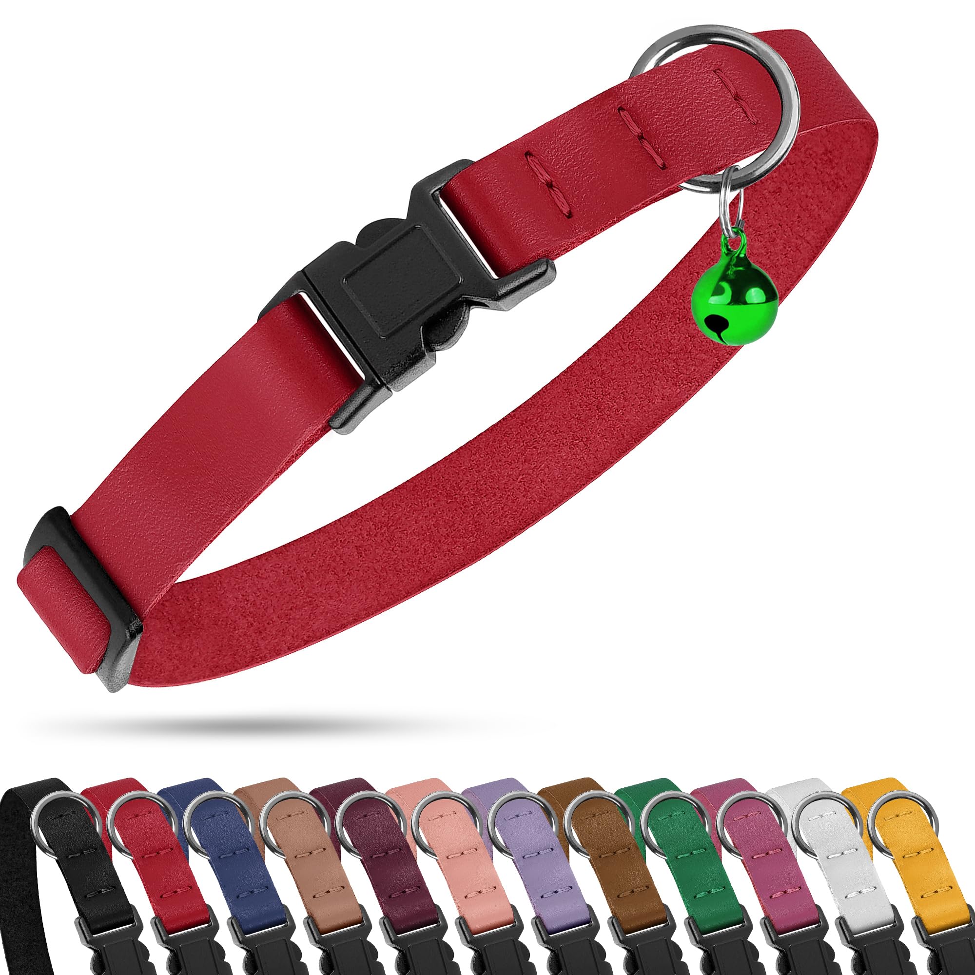Budkas breakaway-cat-collar-red-leather closeup shows soft leather for daily wear.