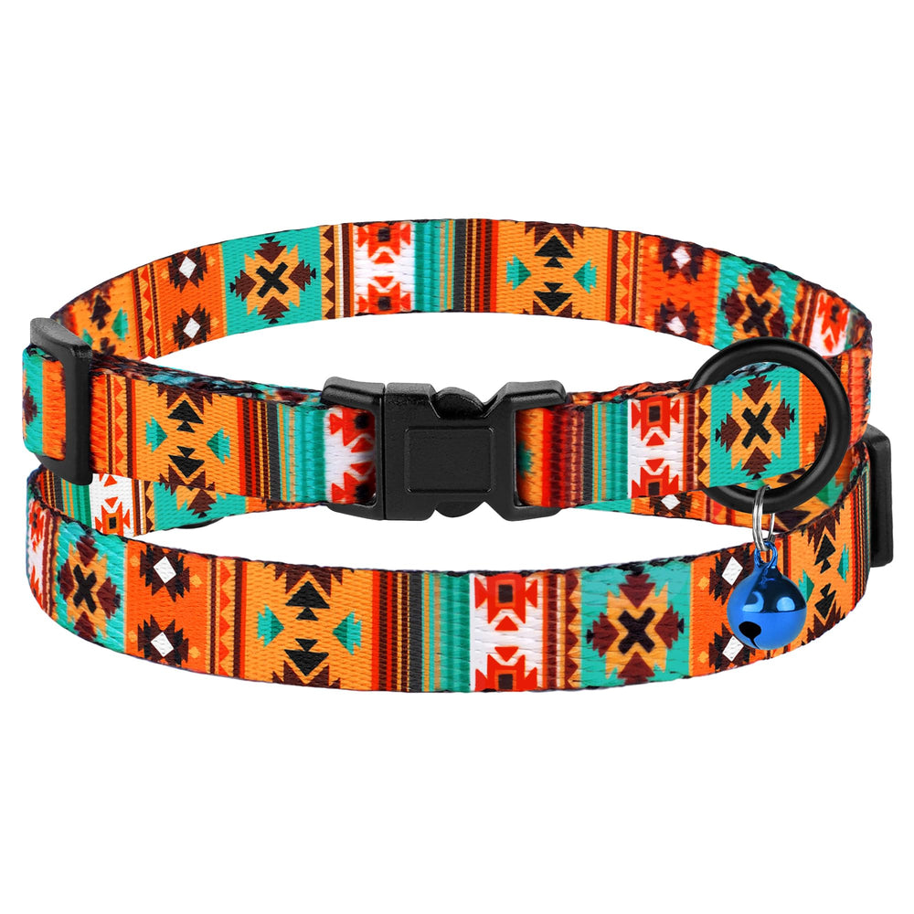 Budkas cat collars serape native pattern close-up highlighting secure breakaway buckle for play