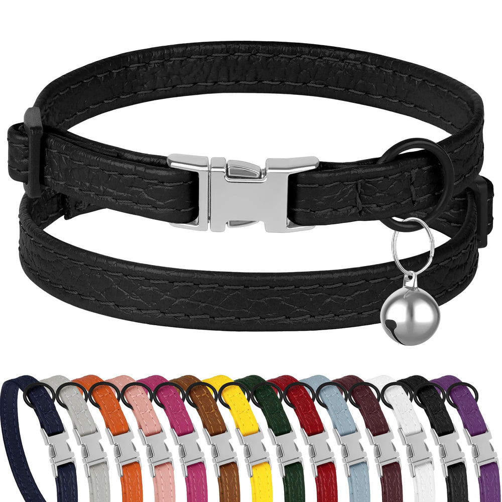 BUDKAS leather cat collar closeup shows sturdy buckle for secure fit.