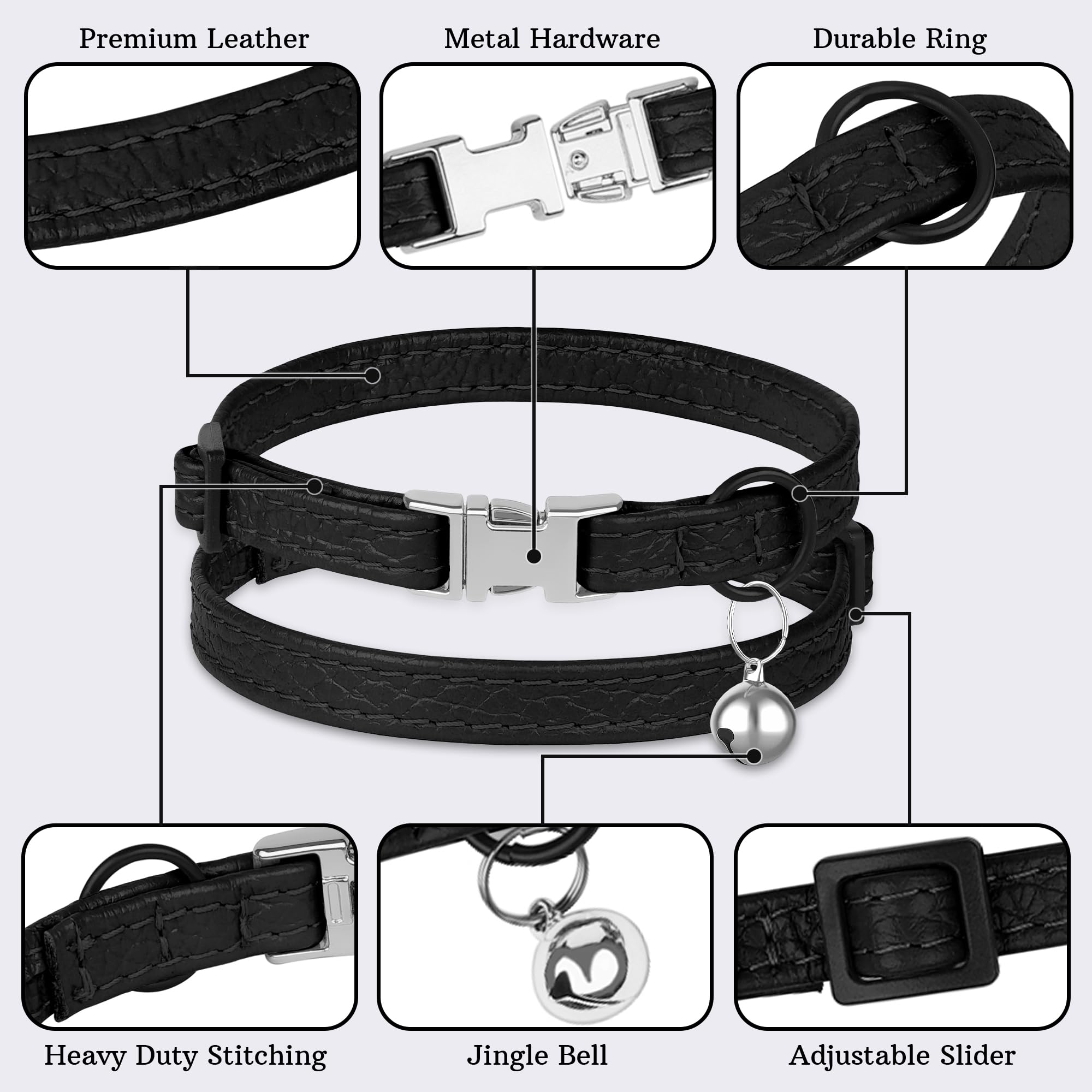 BUDKAS leather cat collar color navy blue provides versatile, classic look.