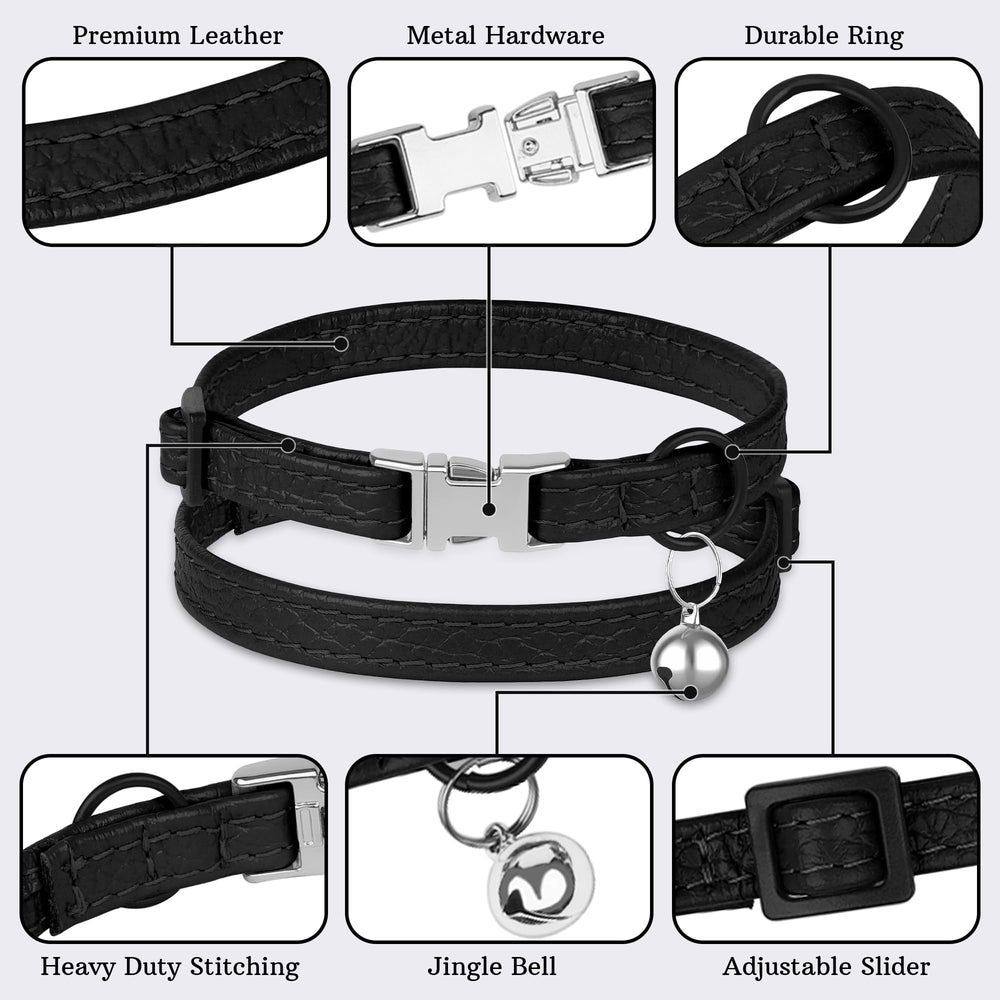 BUDKAS leather cat collar color navy blue provides versatile, classic look.