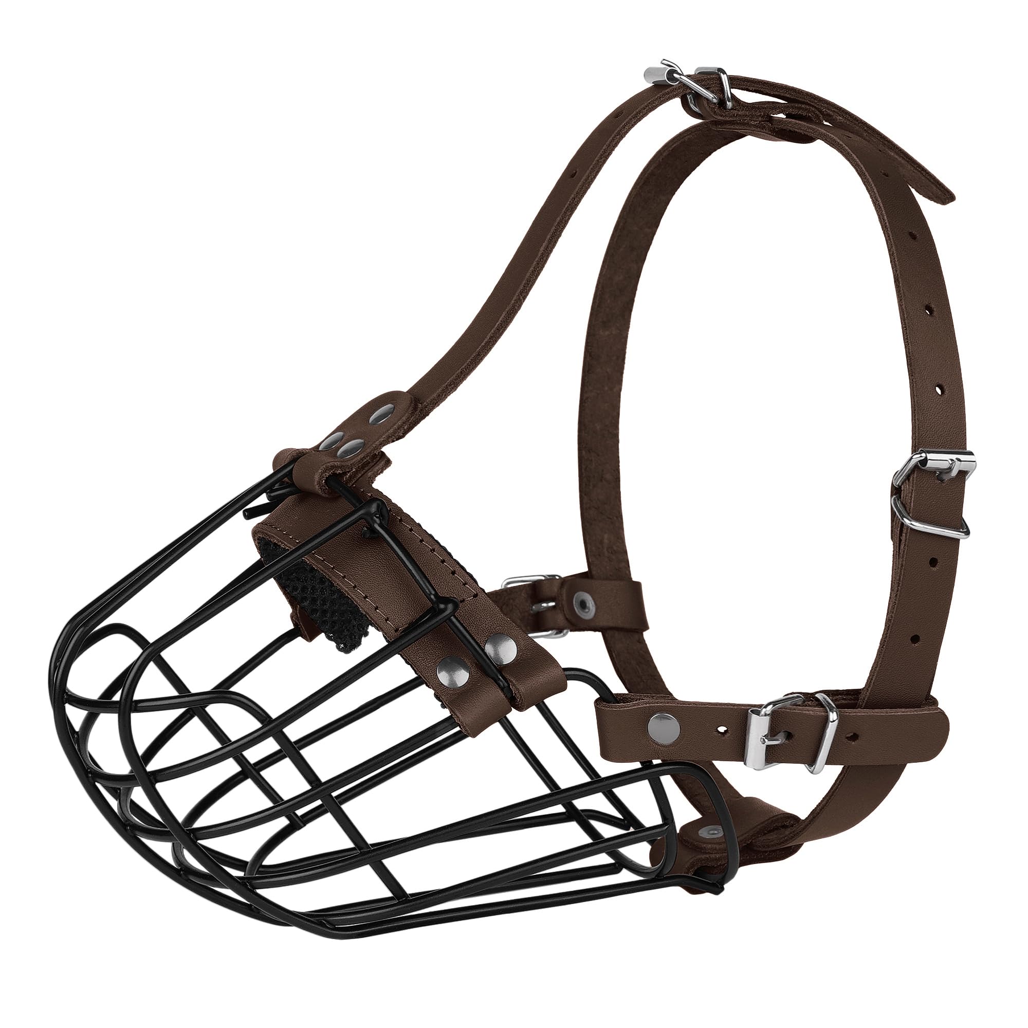 BUDKAS Pitbull Muzzle adjustable leather straps demonstrate secure, comfortable fit for training.