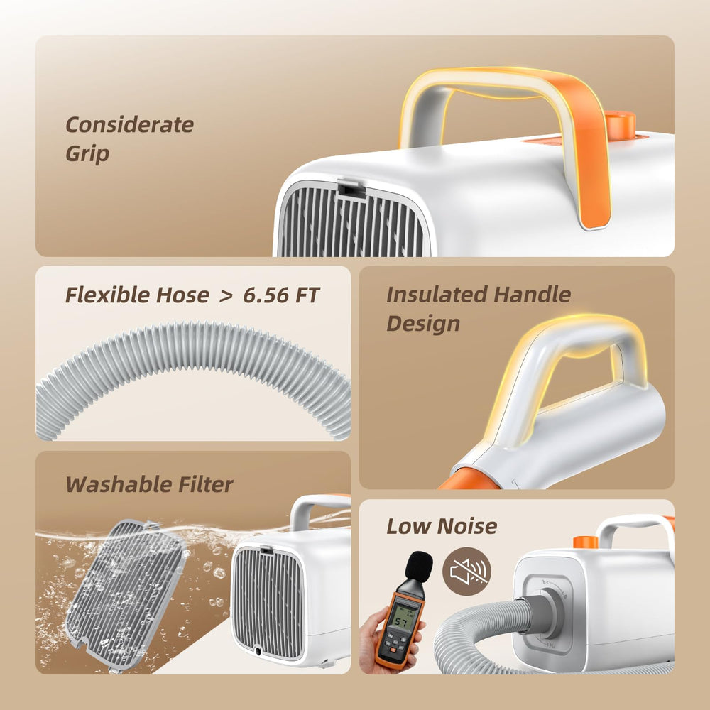 Buenkee dog blow dryer features a 2 m hose for flexible grooming angles.