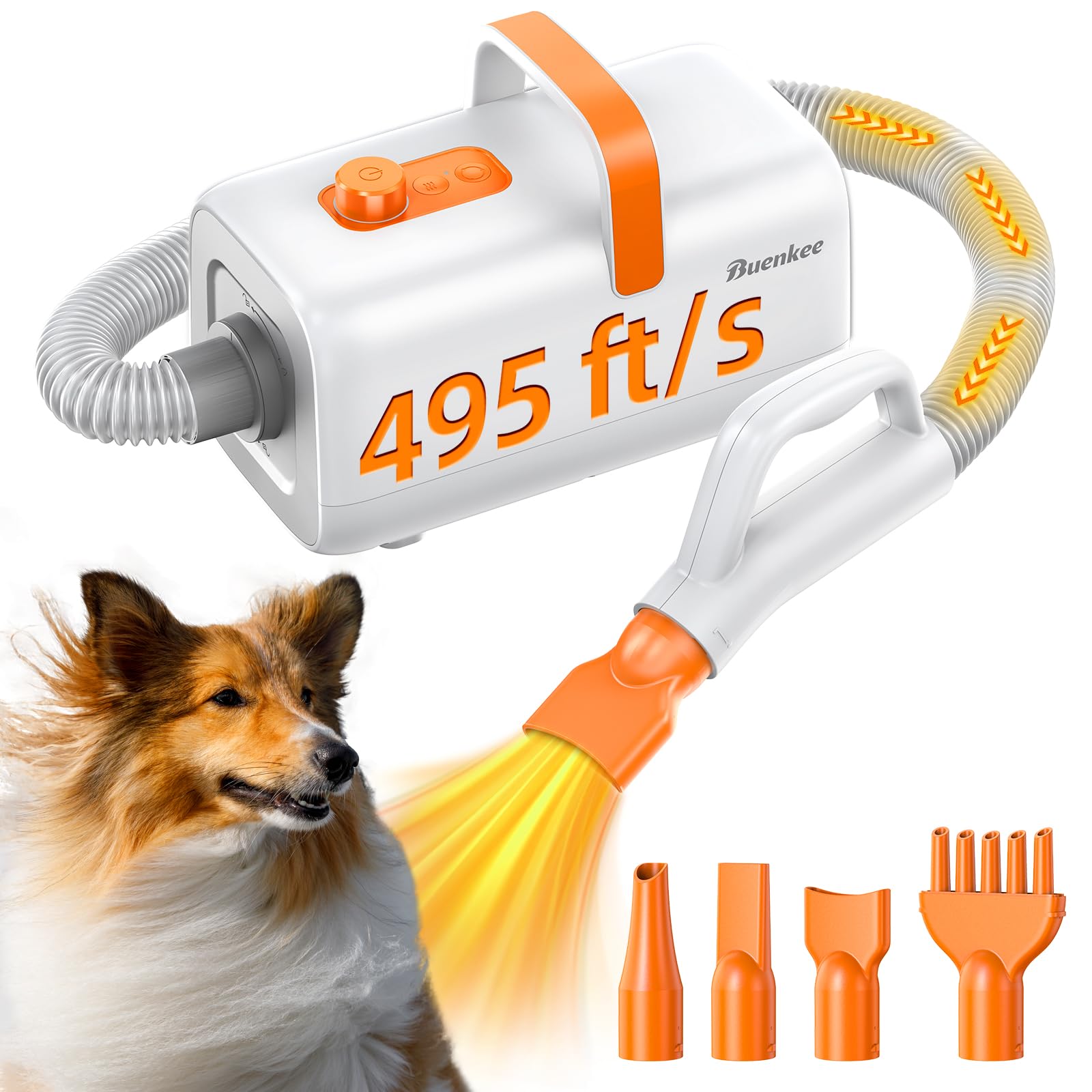 Buenkee dog blow dryer powerful air stream for fast drying after bathtime.