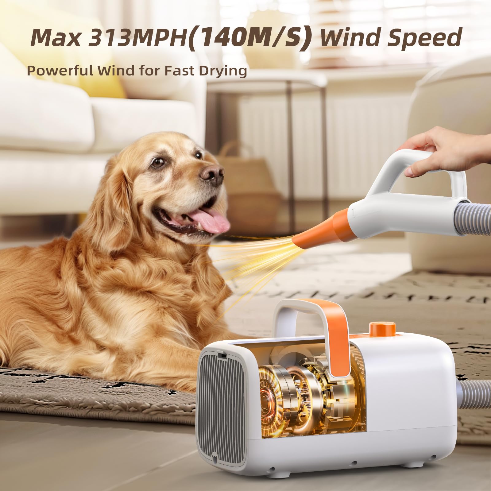 Buenkee dog blow dryer temperature control offers 110–140°F for comfortable grooming.