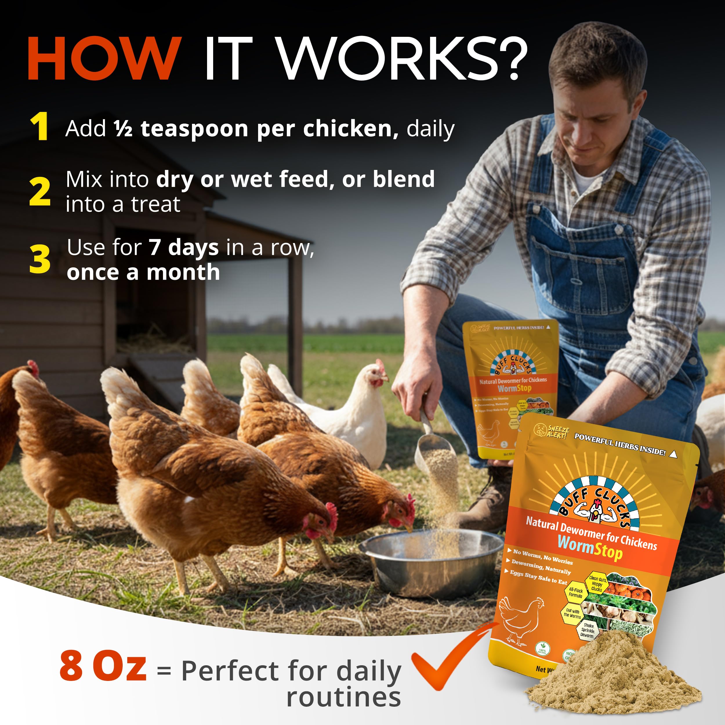 Buff Clucks WormStop being stirred into dry feed for flock health