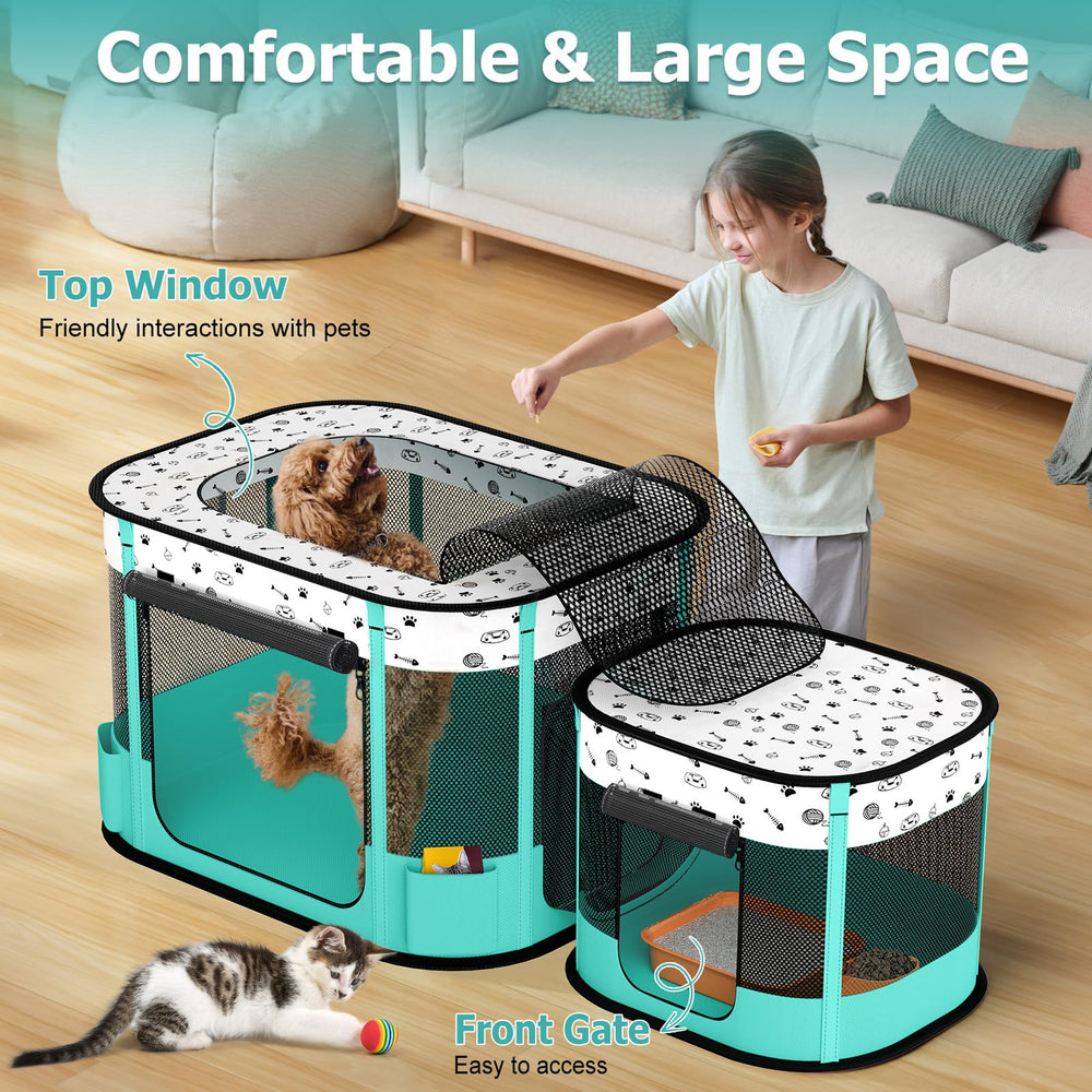 Bufor playpen side pockets store treats and toys for quick access.
