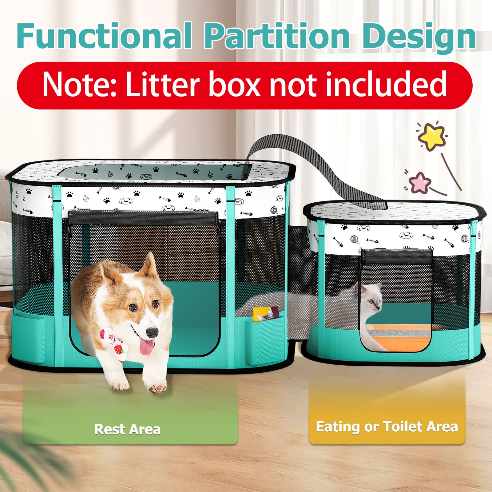 Bufor portable playpen shows two sections for feeding and resting, keeping spaces organized.