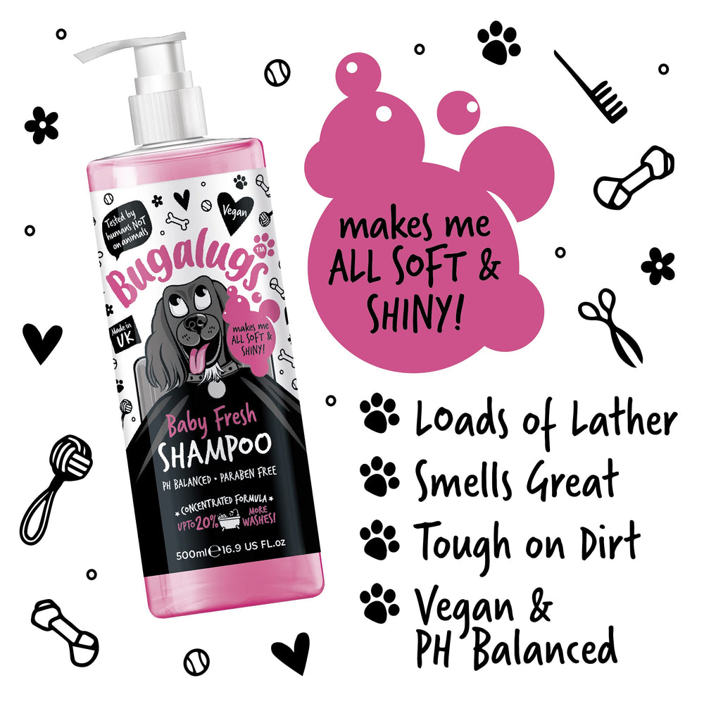 BUGALUGS Baby Fresh Shampoo label closeup emphasizes vegan UK-made formulation