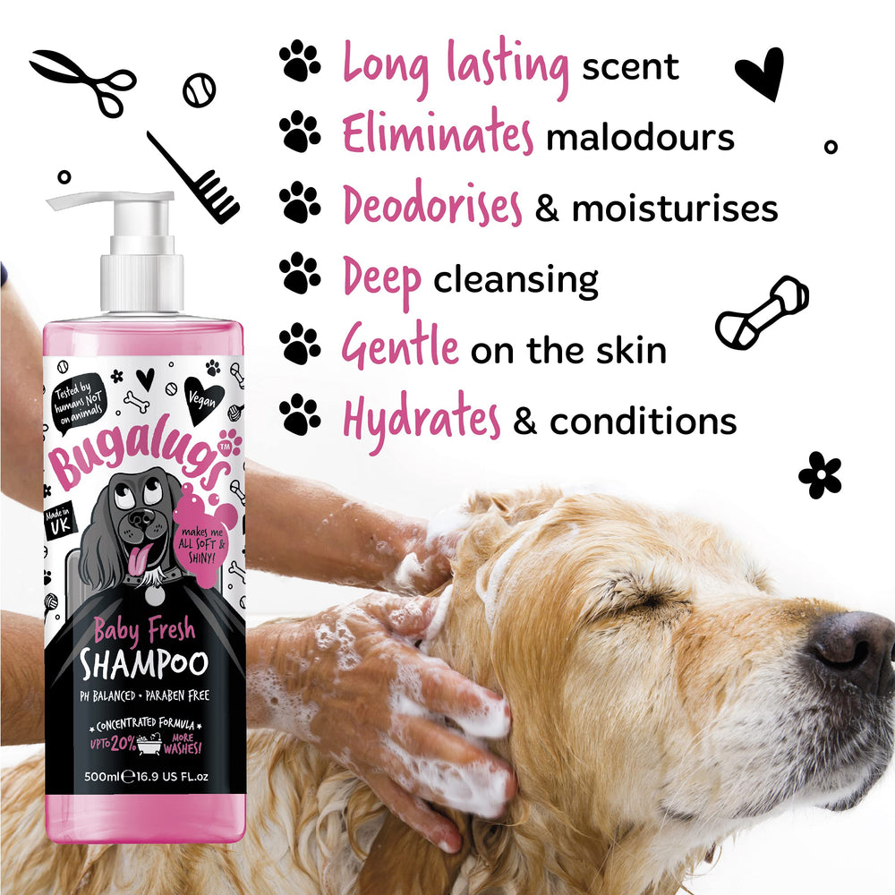 BUGALUGS Baby Fresh Shampoo lathering on coat shows gentle cleansing for sensitive skin