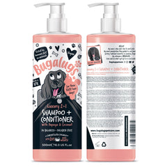 BUGALUGS 2-in-1 papaya coconut shampoo lather for a clean, shiny coat.