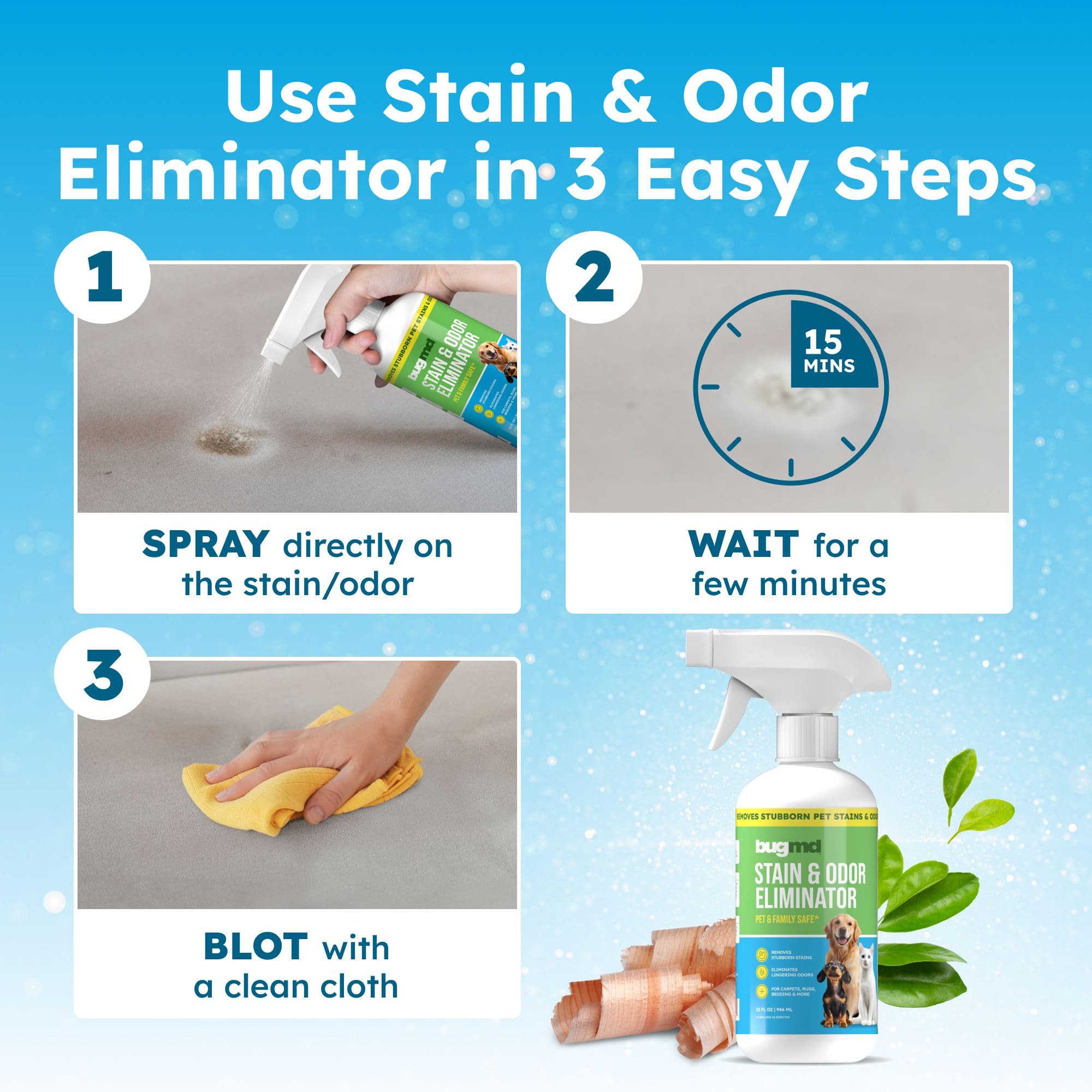 BugMD enzyme cleaner-multi-surface: safe for carpets, wood, furniture, and kennels.
