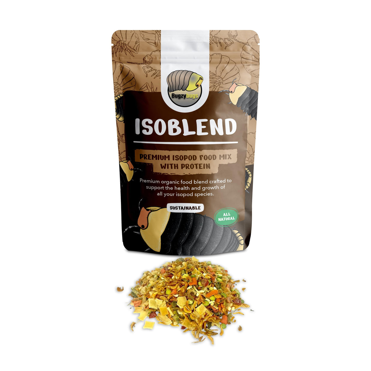 Bugzy Bugs Isoblend bottle – premium isopod food supports growth and breeding.