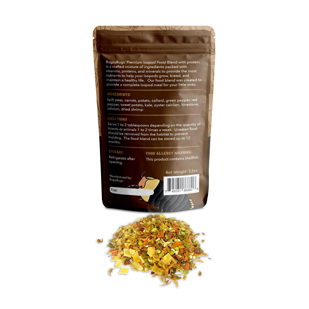 Bugzy Bugs Isoblend packaging – complete isopod meal with vitamins and minerals.