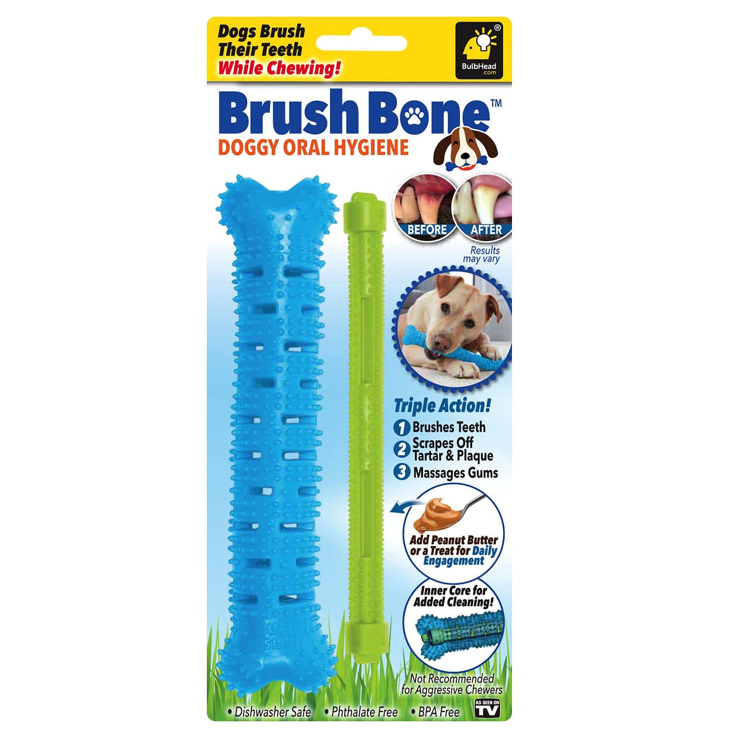 BulbHead BrushBone close-up shows a durable chew toy designed to help clean teeth during play.