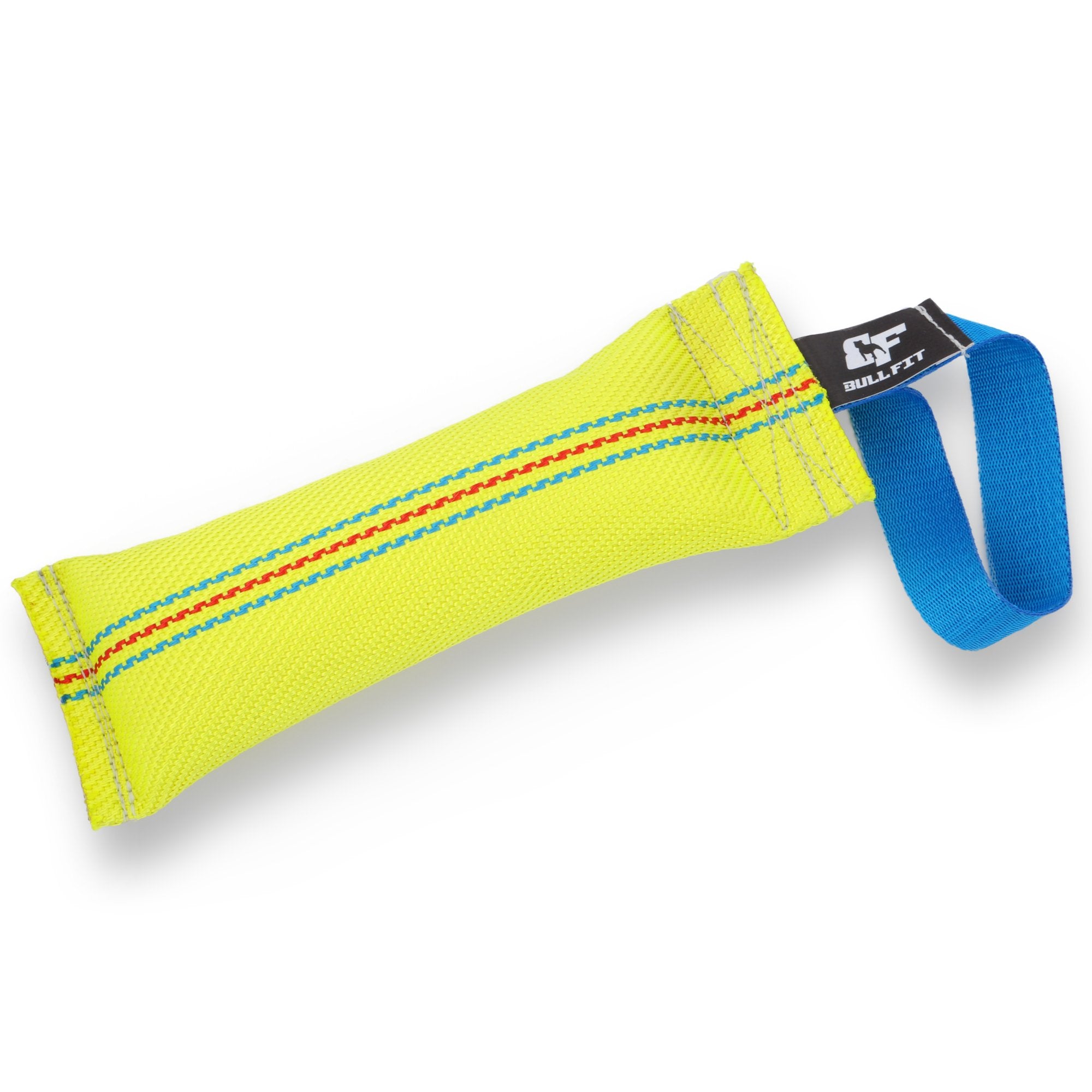 Bull Fit dog bite tug 12in close-up shows durable fire-hose material for tug play.