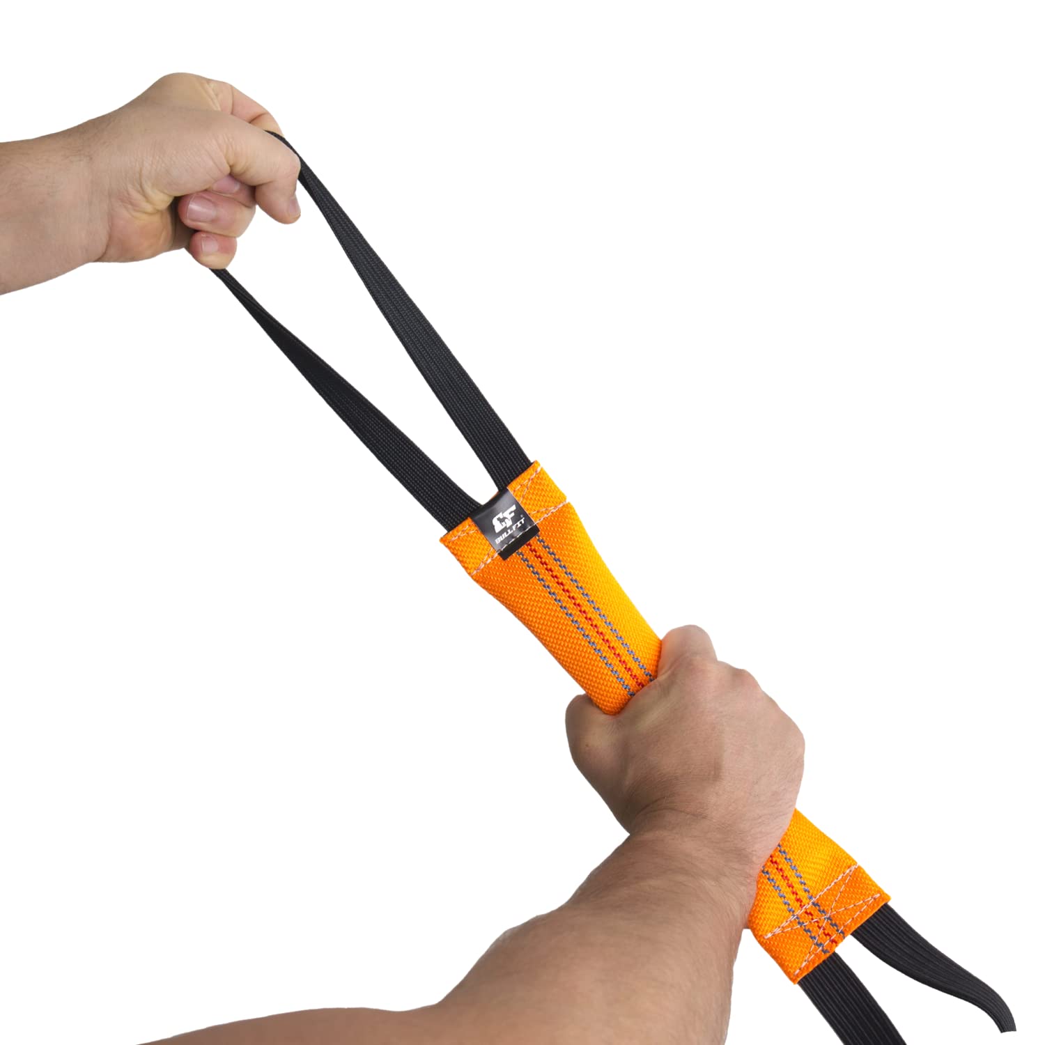 Bull Fit orange tug toy emphasizes sturdy construction and safe play during training sessions.