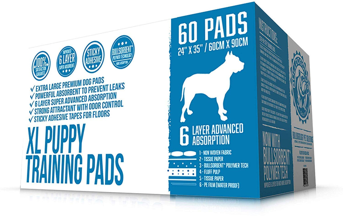 Bulldogology Puppy Pee Pad XL with adhesive tape secures to floor, reducing mess.