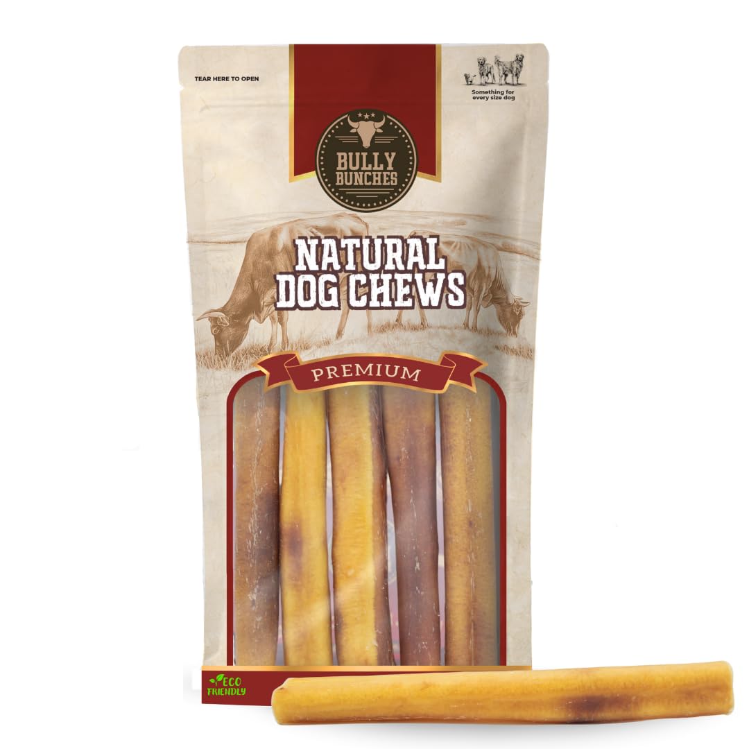 Bully Bunches 6-inch thick bully sticks pack offers long-lasting chew sessions.