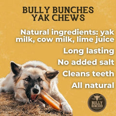 Bully Bunches Yak Chew closeup highlighting authentic Himalayan yak milk ingredient.