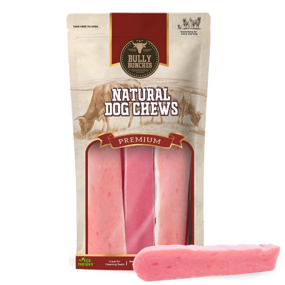 Bully Bunches Yak Chew medium strawberry dense texture for long-lasting enjoyment.