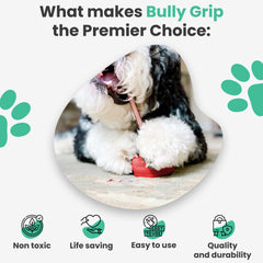 Bully Grip on a dog during use promotes safer chewing and control.