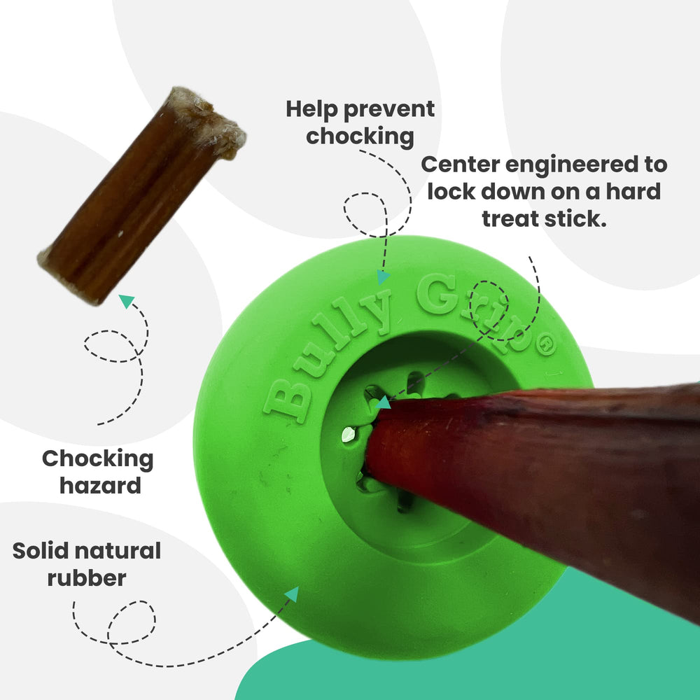 Bully Grip fit-treat-stick demonstrates compatibility with sticks 1/2–3/4 inch for safer, slower chews