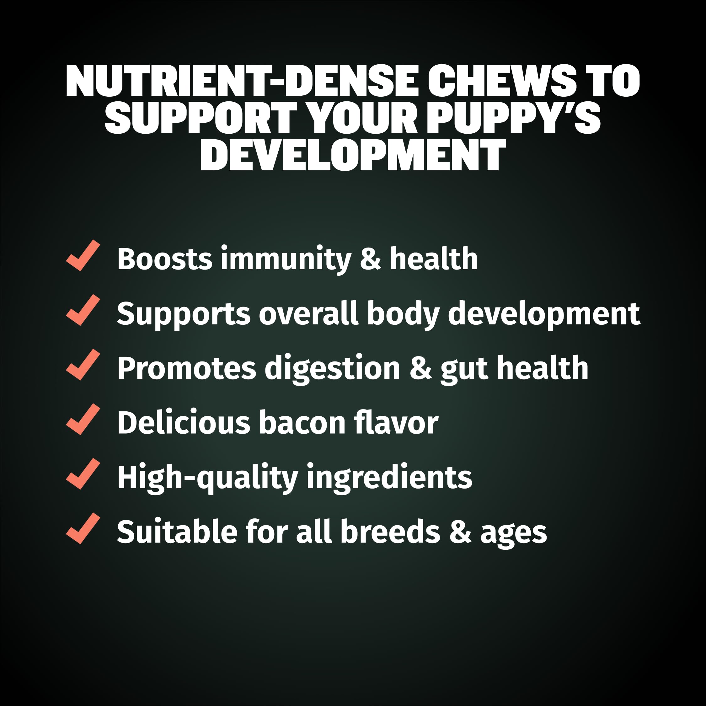 Bully Max 2-in-1 puppy chews colostrum ingredient highlights muscle and immune support.