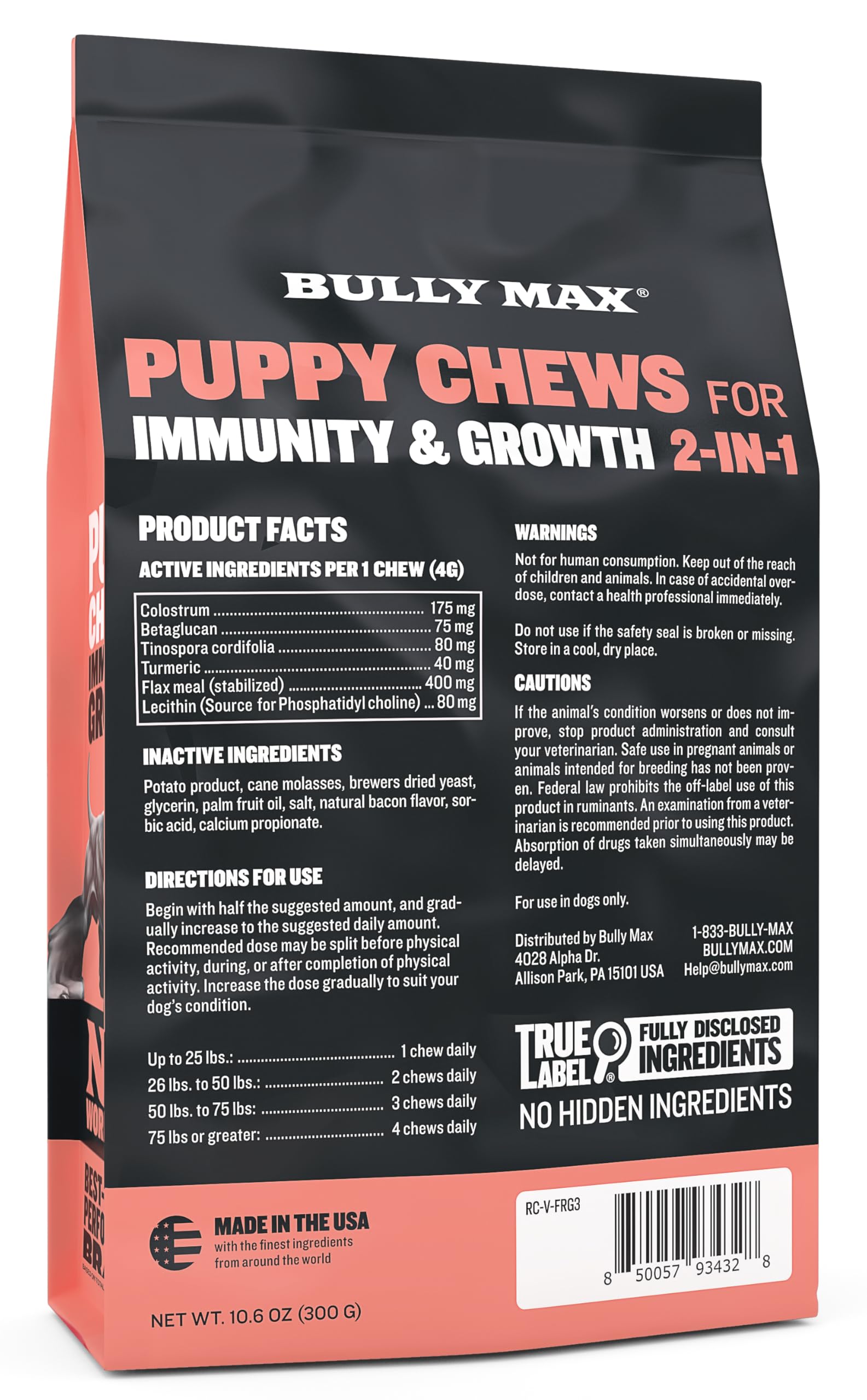 Bully Max 2-in-1 puppy chews jar closeup showing convenient packaging for daily use.