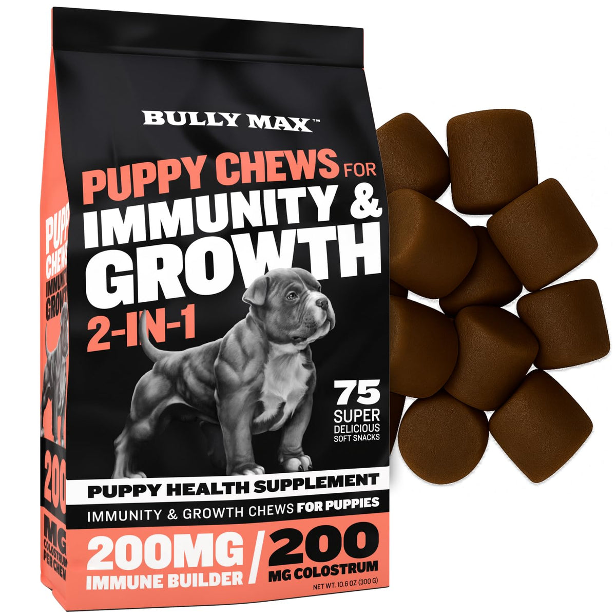Bully Max 2-in-1 puppy chews soft texture for easy dosing and growth support.