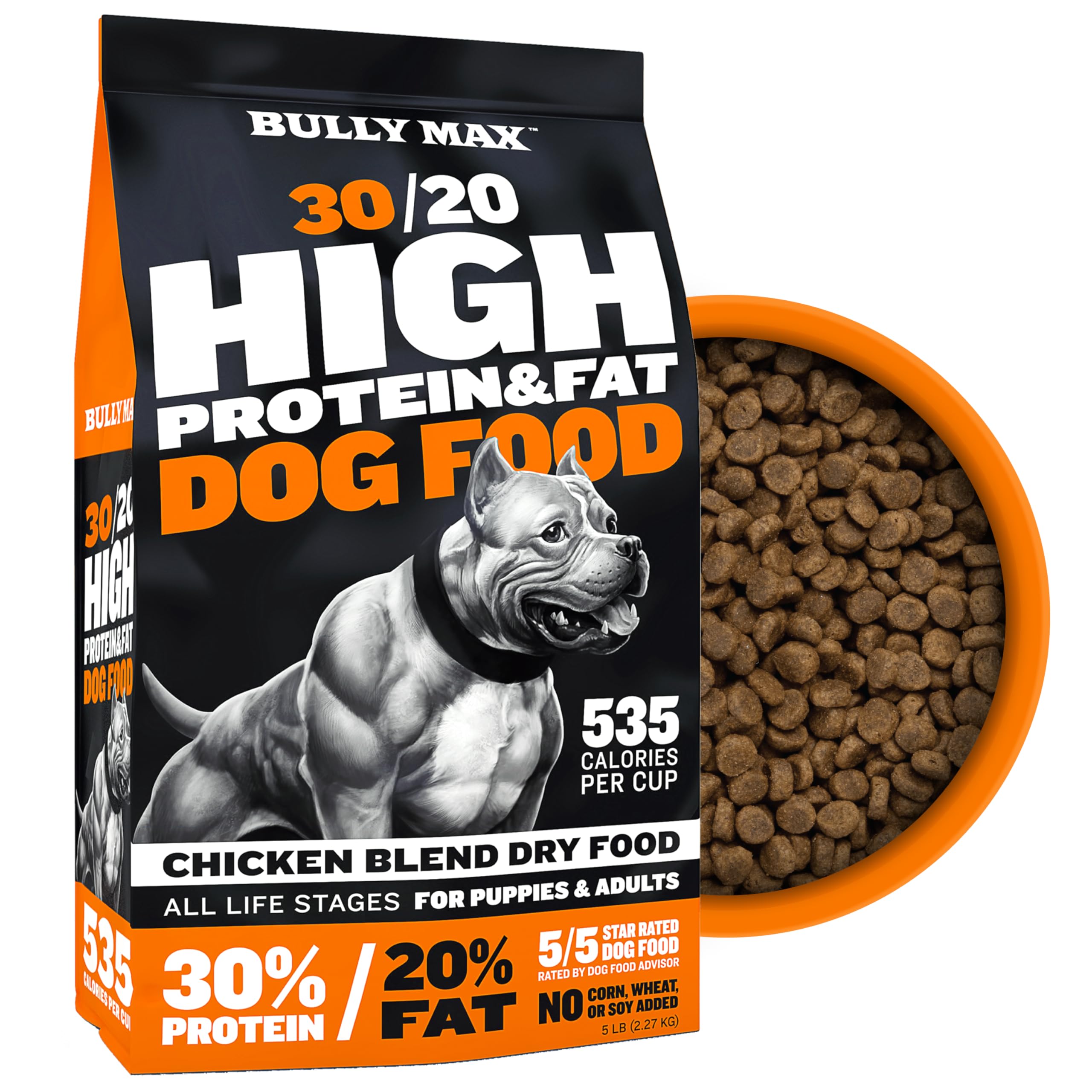 Bully Max dry dog food cup portion shows energy-dense serving for active dogs.