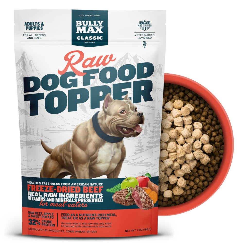 Bully Max toppers on beef-apple-sweet-potato bowl providing a tasty meal boost for dogs