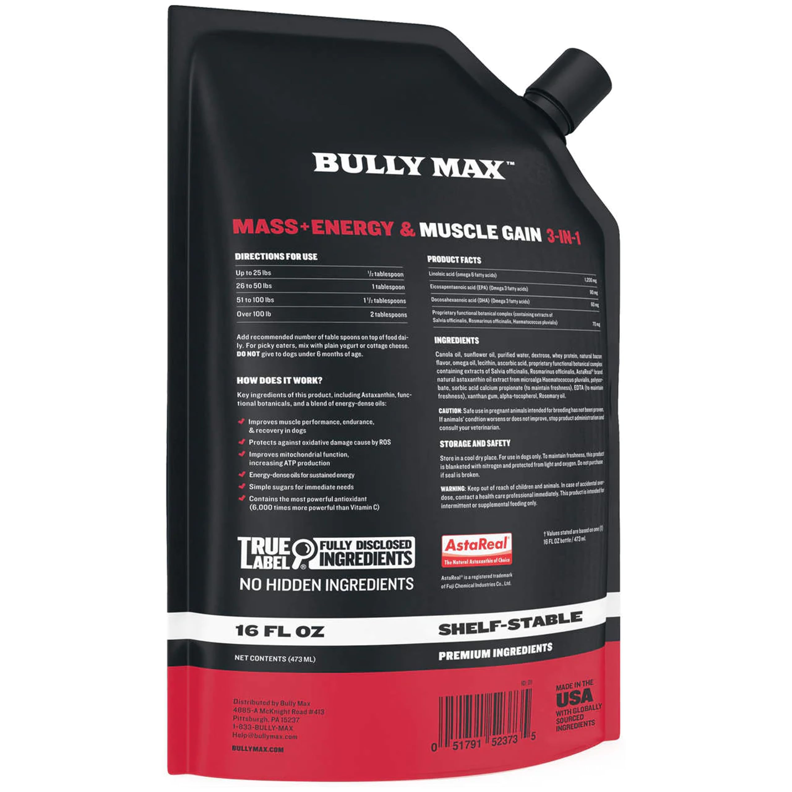 Bully Max liquid-muscle-builder-bottle-open-dispense shows convenient dosing for busy pet owners.