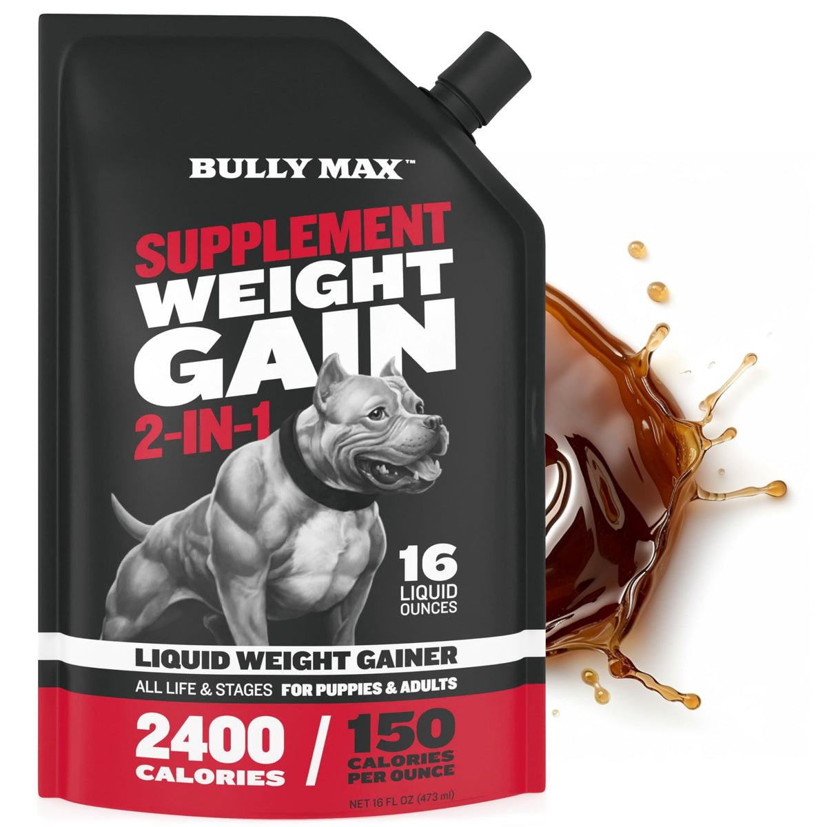 Bully Max liquid weight gainer being poured onto dog food for extra calories.