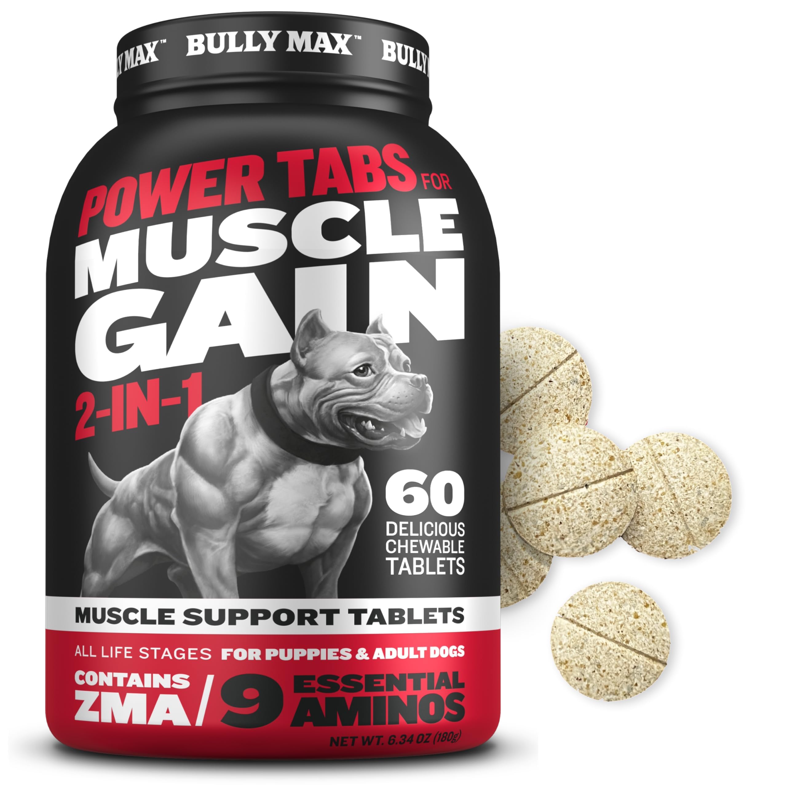 Bully Max Muscle Builder Tabs bottle showing chewable dog vitamins for growth.