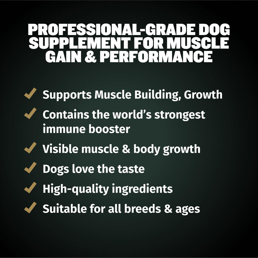 Bully Max Muscle Gain Chews bottle label with 11-in-1 benefits.