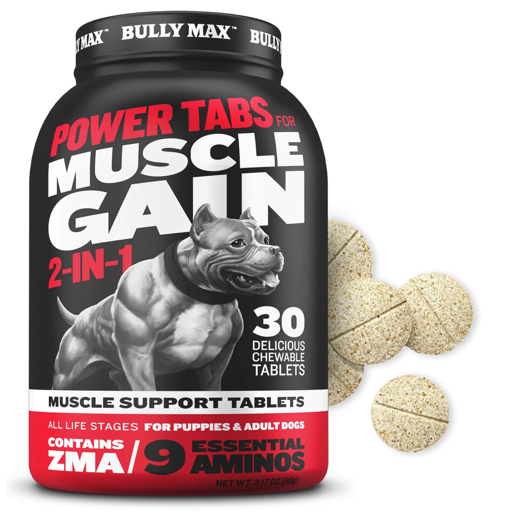 Bully Max Power Tabs packaging shows comprehensive canine nutrition and muscle support.
