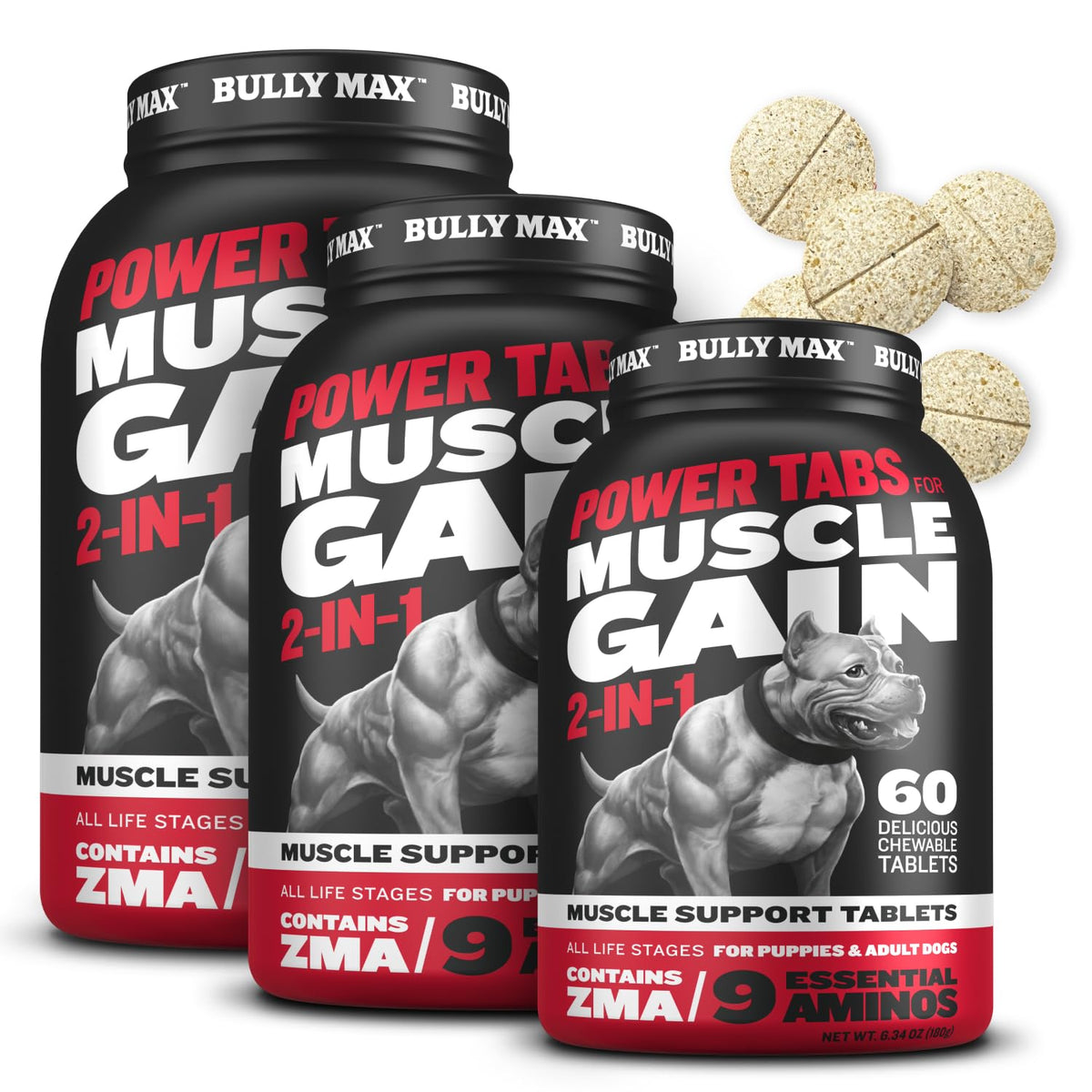 Bully Max Power Tabs puppy bottle shows growth support and energy for dogs.