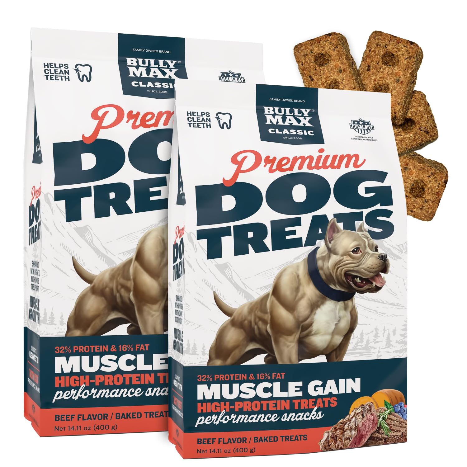 Bully Max premium beef treats in pouch closeup highlighting training potential