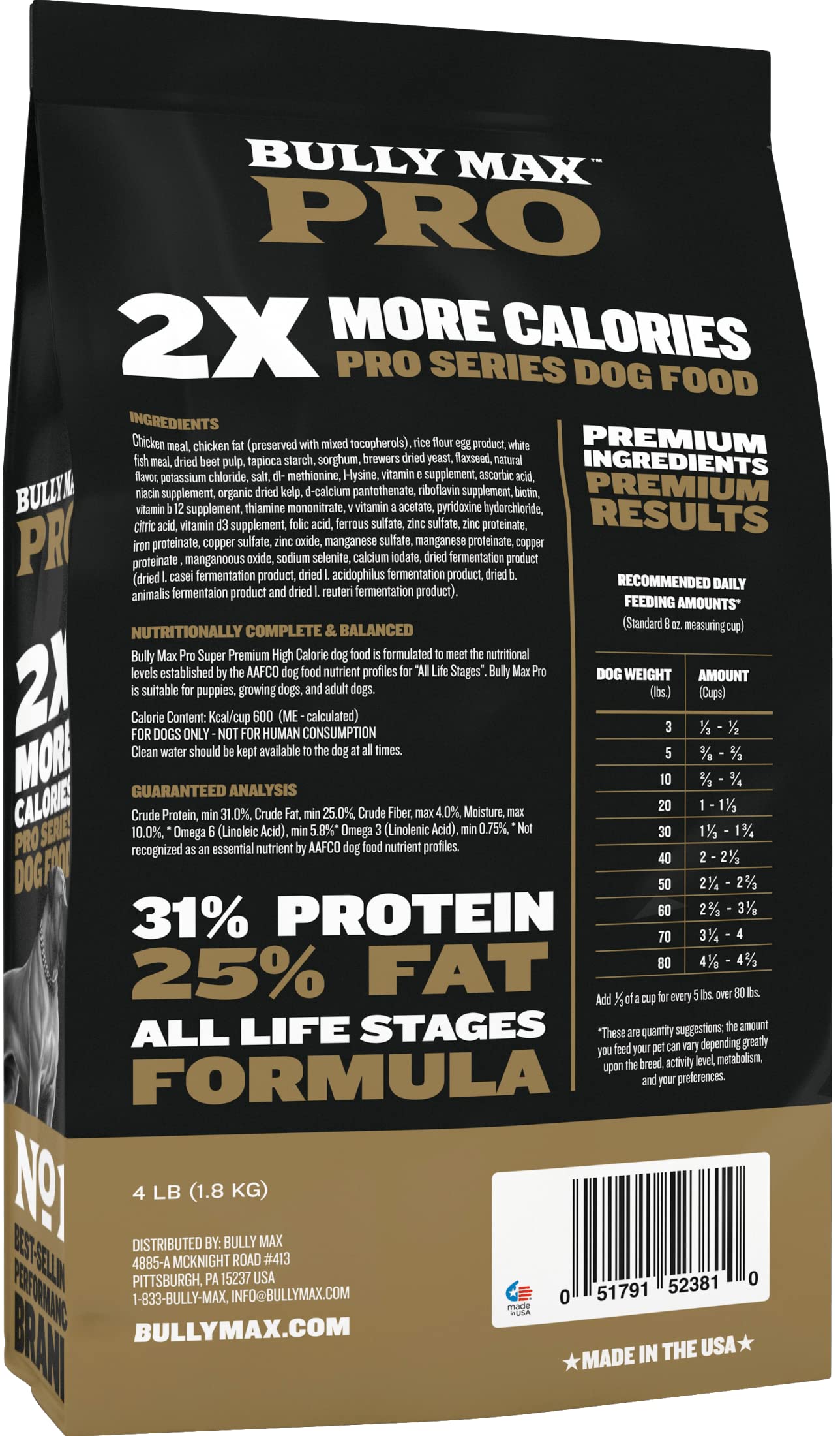 Bully Max Pro 2X high-calorie dog food kibble being poured for quick meal prep