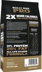 Bully Max Pro 2X high-calorie dog food kibble being poured for quick meal prep
