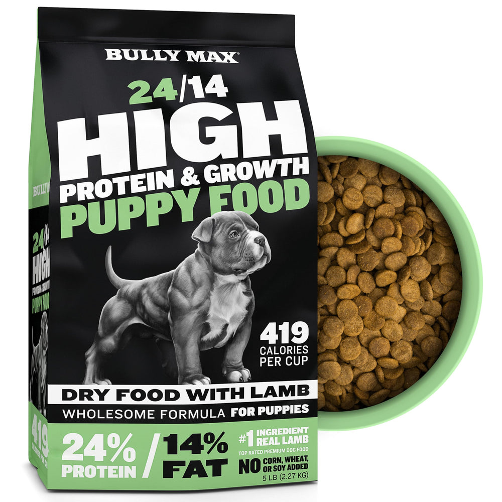 Bully Max Puppy Food bag displays branding with growth-focused nutrition.