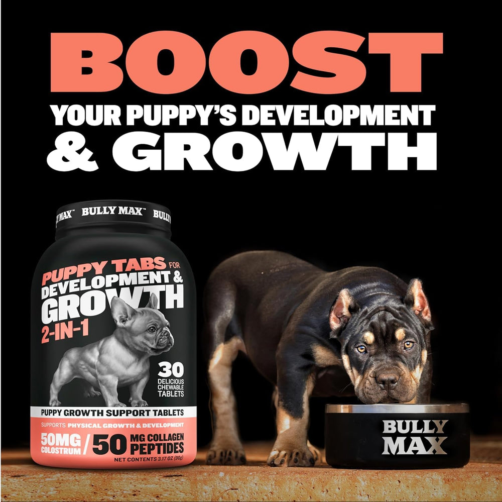 Bully Max 2-in-1 puppy vitamins bottle with label highlighting growth and development benefits.