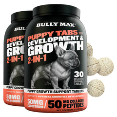 Bully Max puppy vitamins bottle close-up showing growth-support two-bottle bundle.