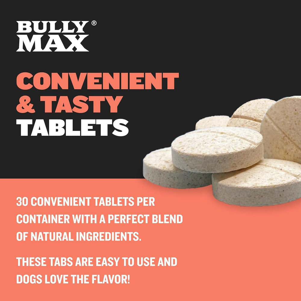 Bully Max chewable tablets shown beside a treat dish for easy daily incorporation.