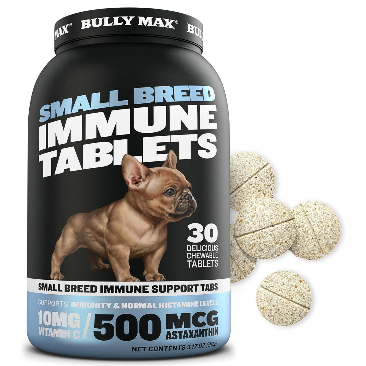 Bully Max Small Breed Immune Tablets open bottle ready-to-use immune support for puppies.
