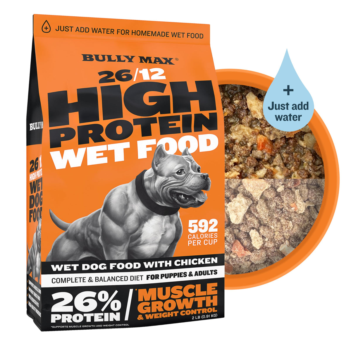 Bully Max Wet Food packaging close-up highlights shelf-stable protein nutrition for dogs.
