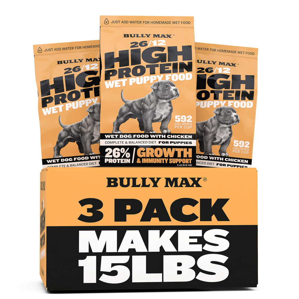 Bully-Max Wet Puppy Food packaging highlights bulk supply for growing puppies.